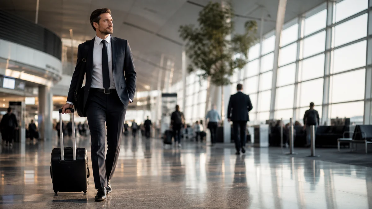 Corporate travel Newark airport guide: business traveler at Terminal C departures with carry-on