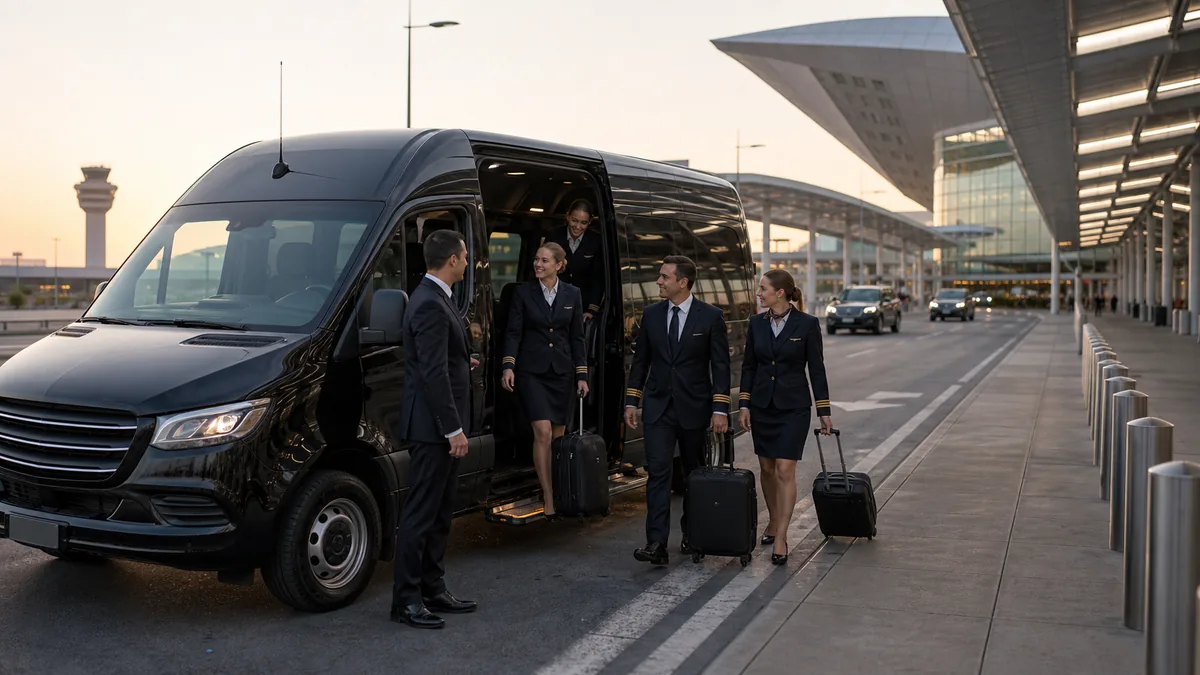 Crew hotel shuttle van approaching the Newark Airport terminal departures level for a flight crew transfer