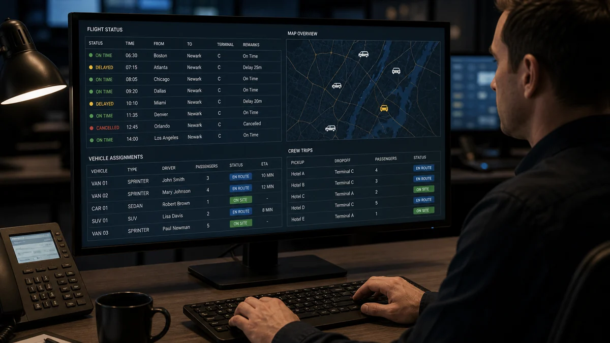 Dispatch coordination screen showing live flight status for airline crew transport