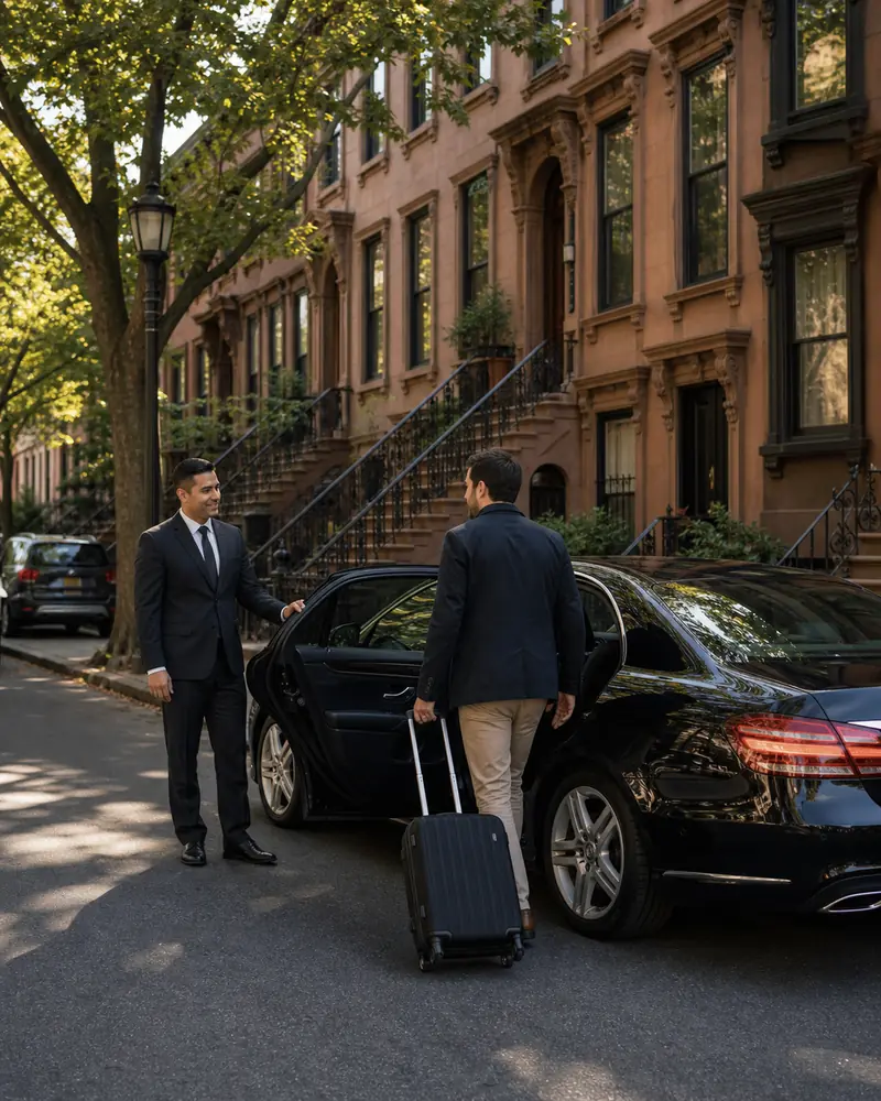 Brooklyn car service curbside pickup on a brownstone block in Park Slope before an EWR transfer