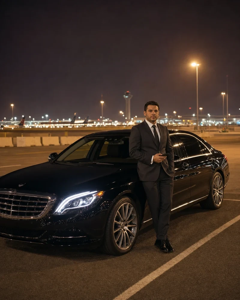 Black car chauffeur with a name board at EWR Terminal B arrivals for a late-night international pickup