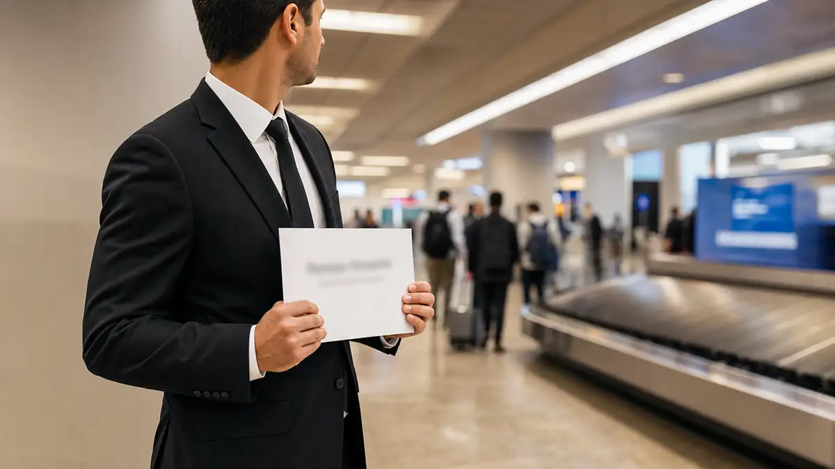 Top rated limo companies EWR signal: chauffeur in suit waiting at Newark Airport baggage claim with printed name board