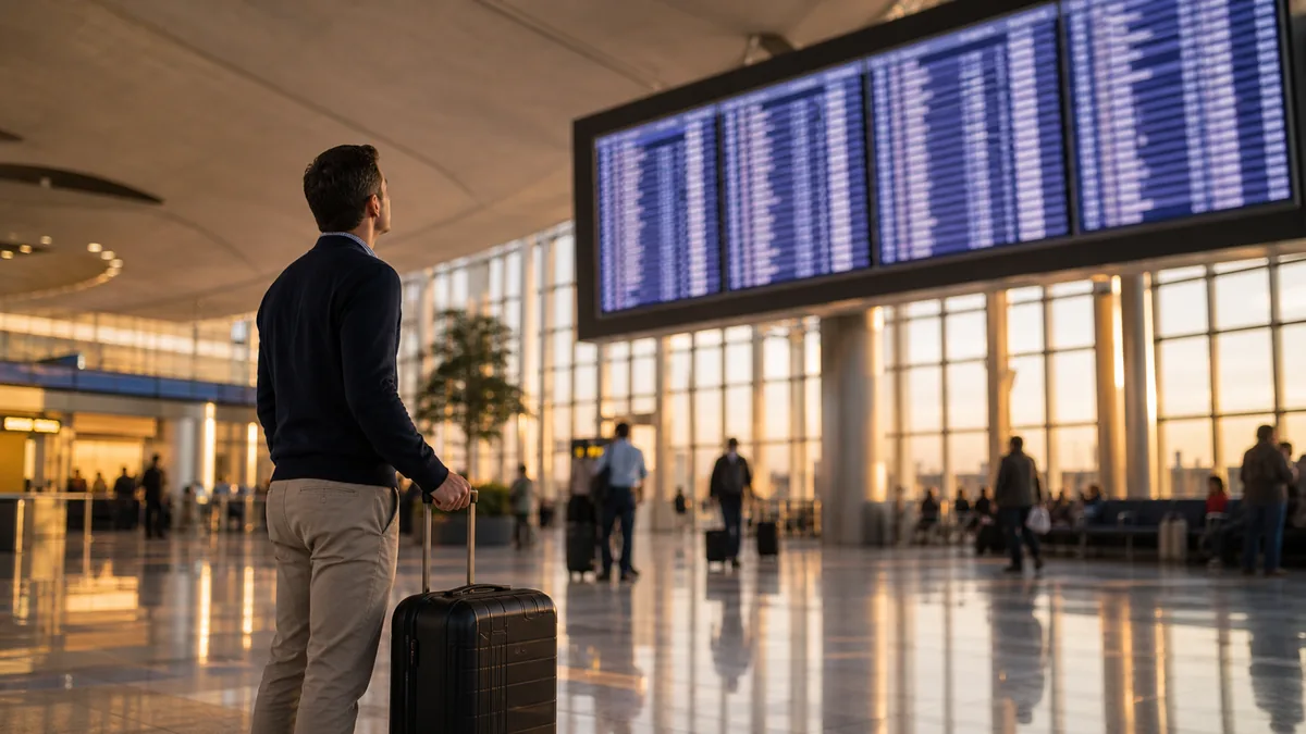 Departures board at Newark Airport showing flight times travelers use to plan around wait times