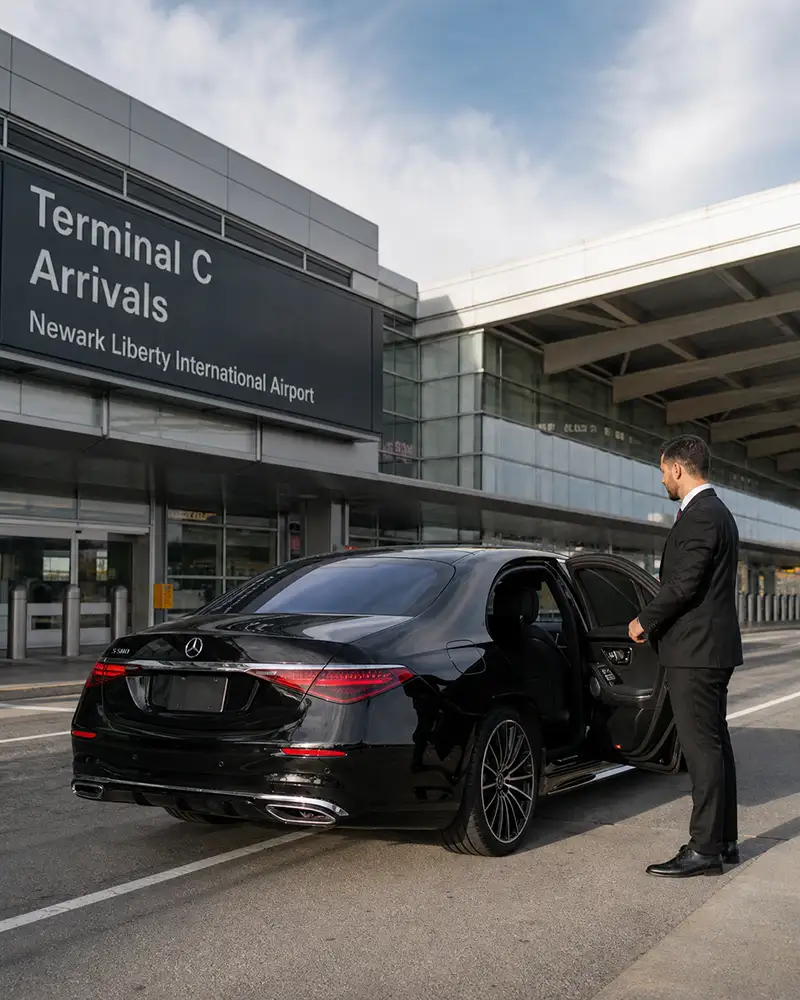 EWR limo vs Uber Black comparison at Newark Airport showing a chauffeured Mercedes S-Class and a rideshare Suburban at Terminal C