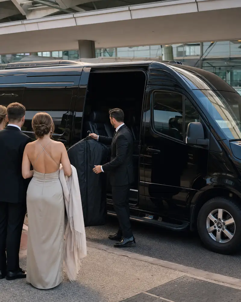 Wedding party arriving on Newark Airport limo service in a Mercedes Sprinter van at EWR Terminal C