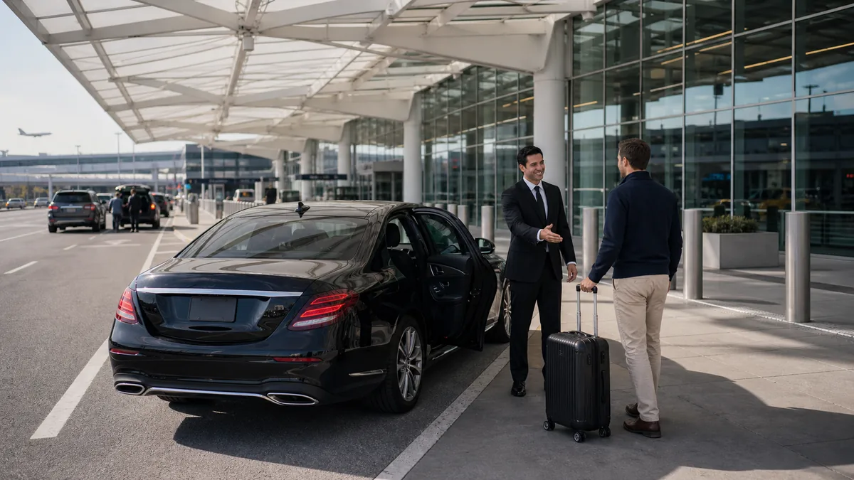 EWR Terminal A arrivals level with the pre-arranged car service pickup zone signage