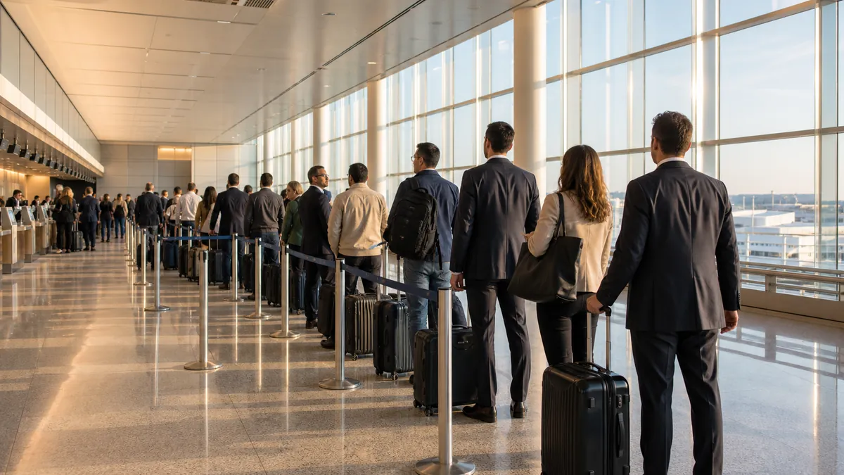 Check-in queue at EWR Terminal C during the morning business rush at Newark Airport