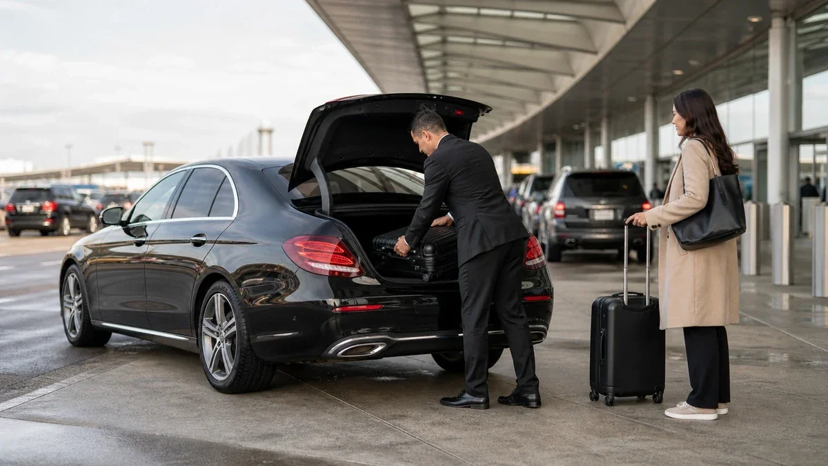 Car service pickup at EWR Terminal C arrivals curb for a transfer to JFK