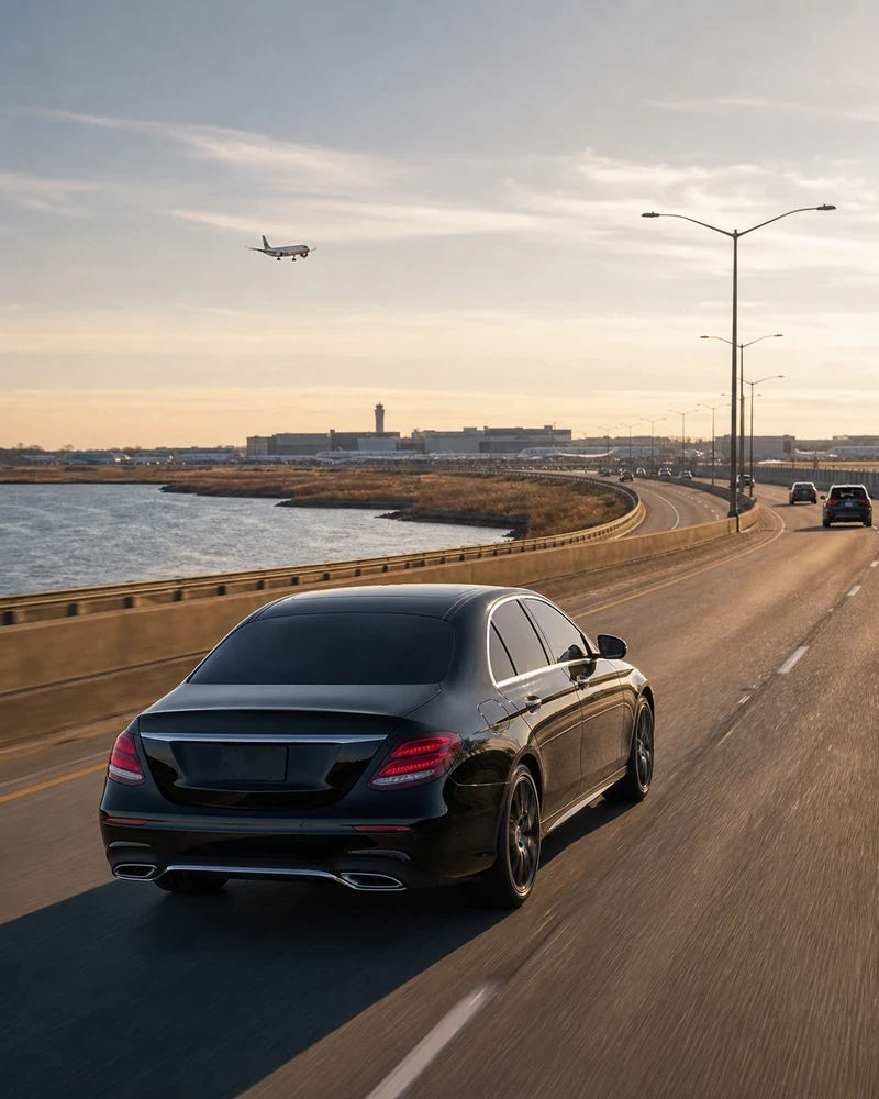 EWR to JFK car service sedan on the Belt Parkway approaching JFK International Airport