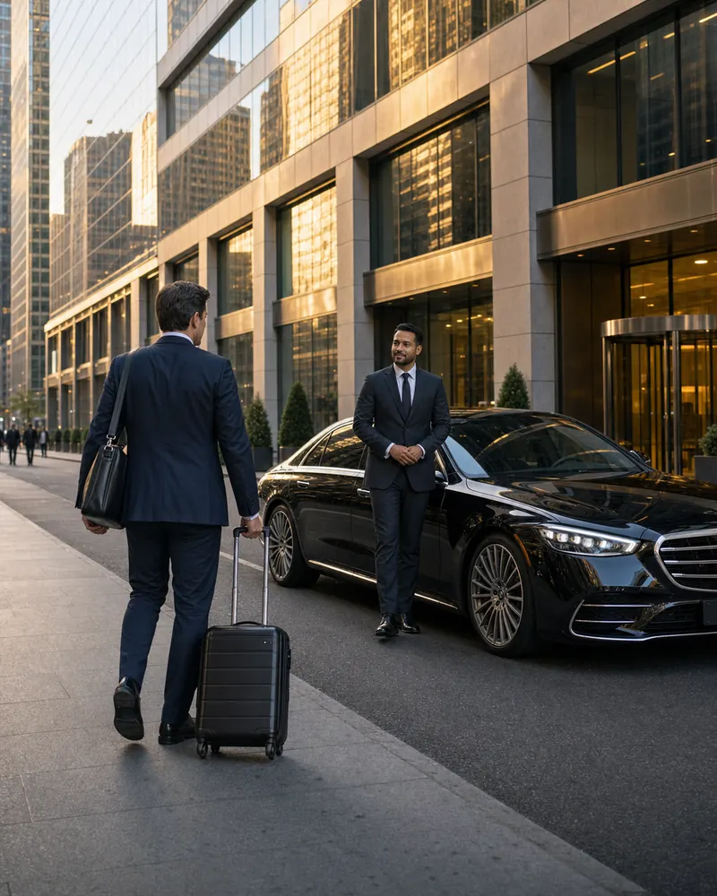 Executive black sedan picking up a corporate principal on a Midtown Manhattan block before an EWR transfer