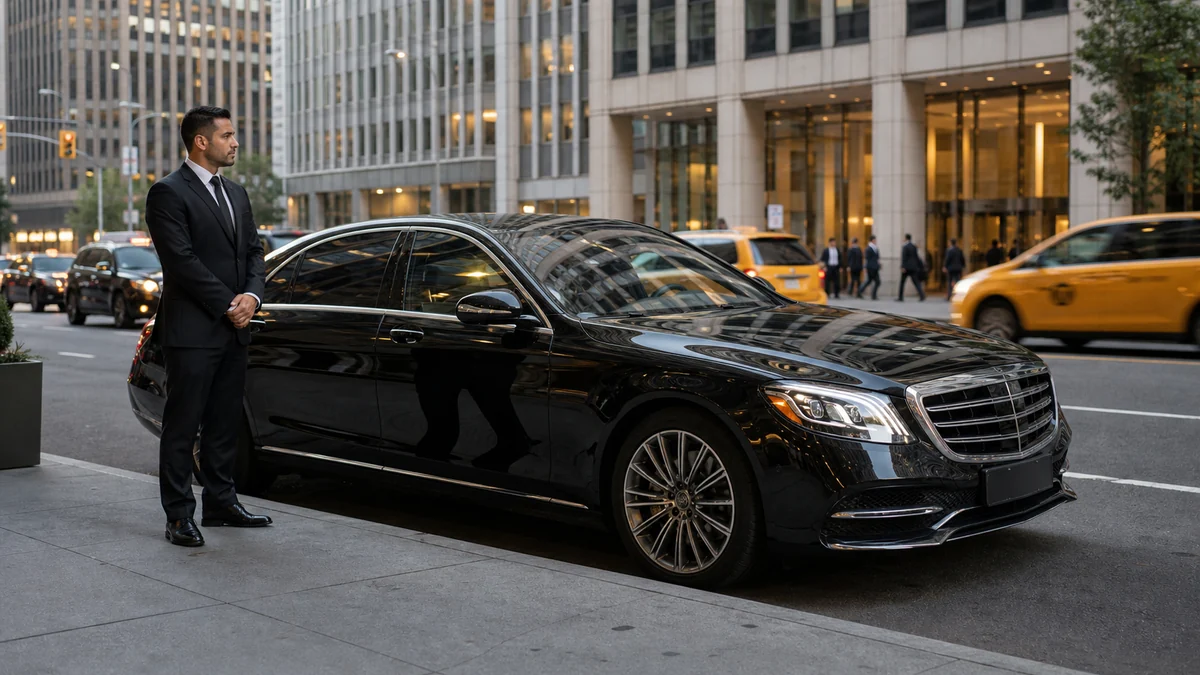 Executive roadshow transportation sedan staged outside a Midtown Manhattan office tower
