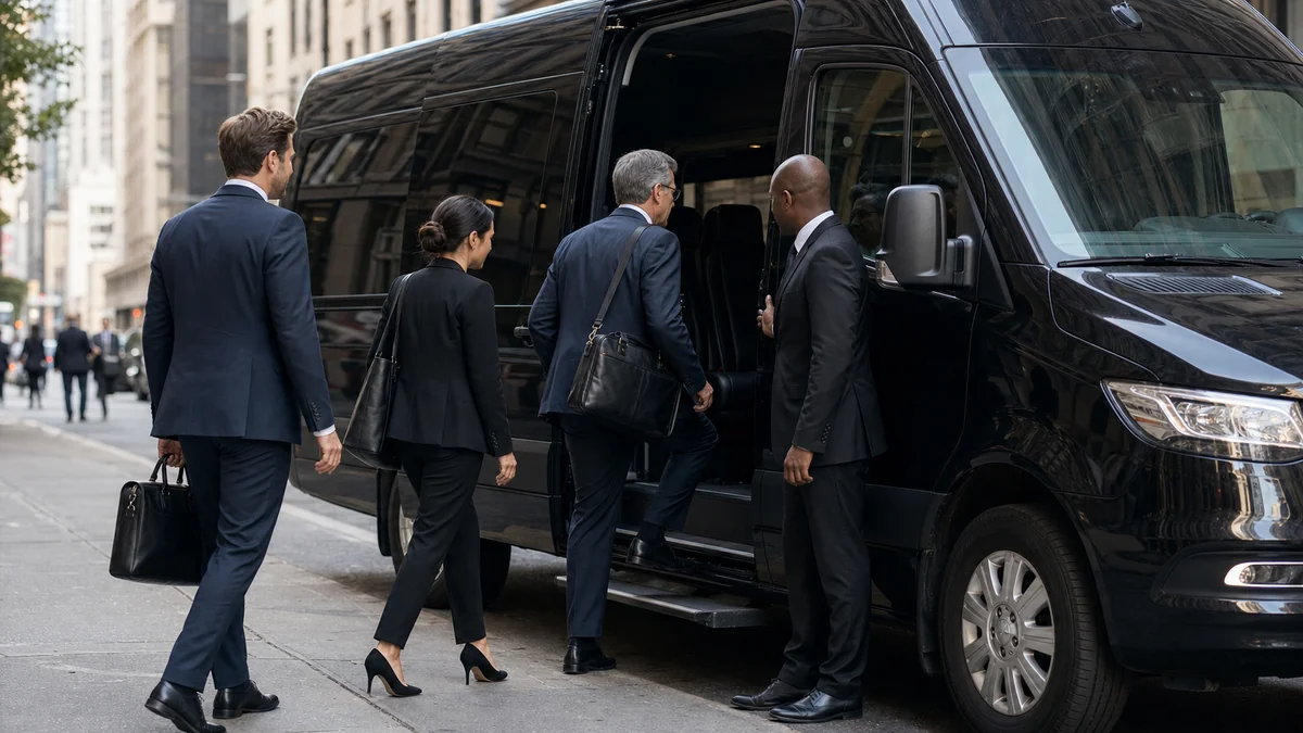 Executive team boarding a Sprinter van during a multi-stop NYC investor roadshow
