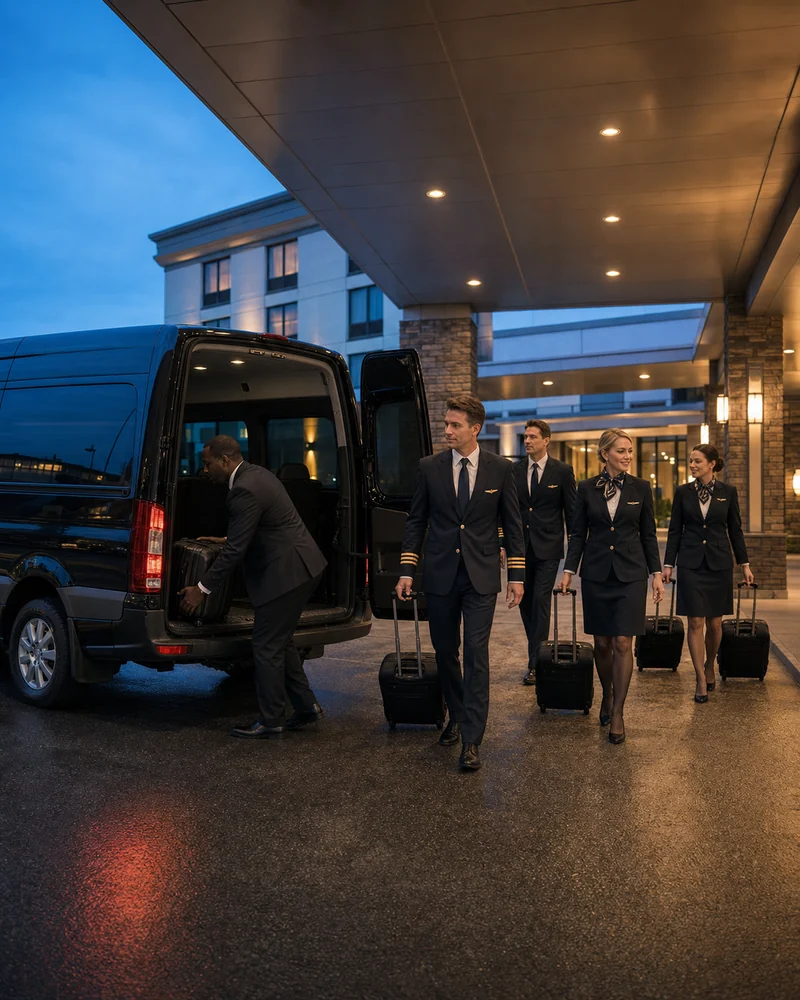 Flight crew transportation pickup at a Newark Airport crew hotel on the Spring Street corridor