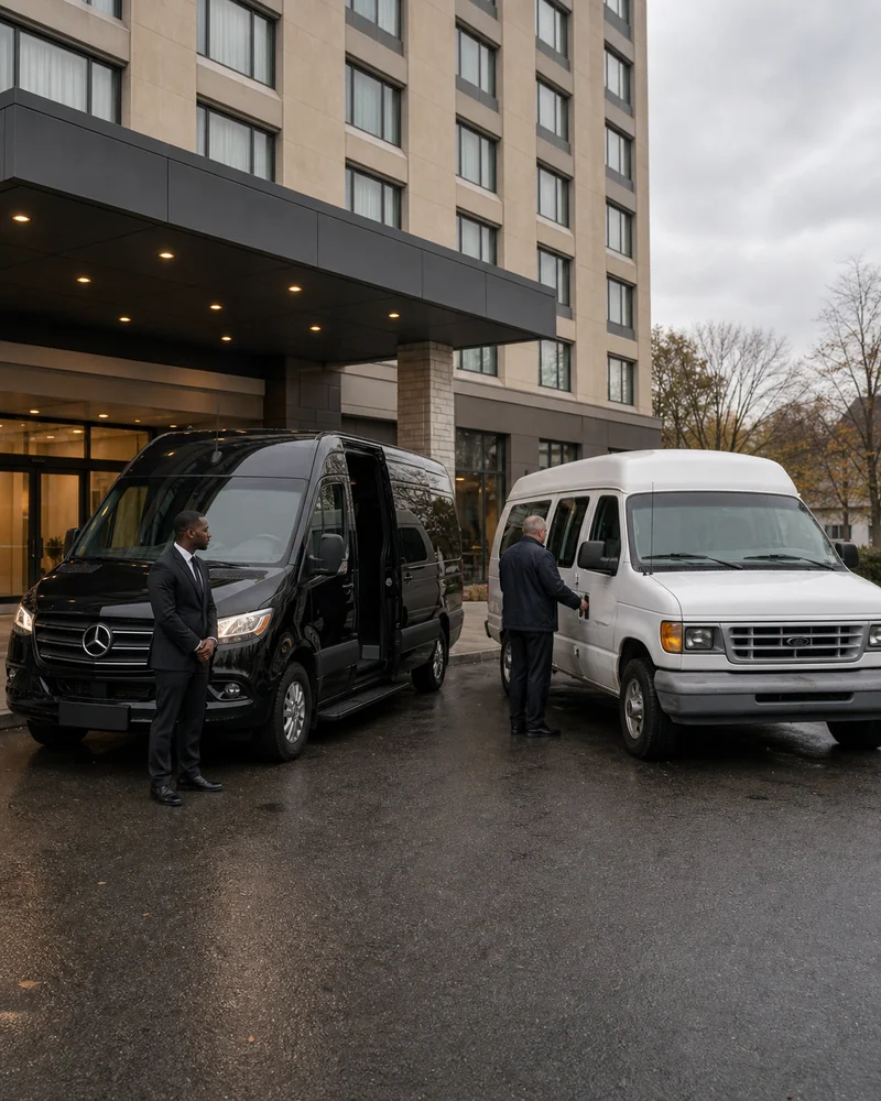 Flight crew transport vs hotel shuttle comparison at Newark Airport for airline crew schedulers