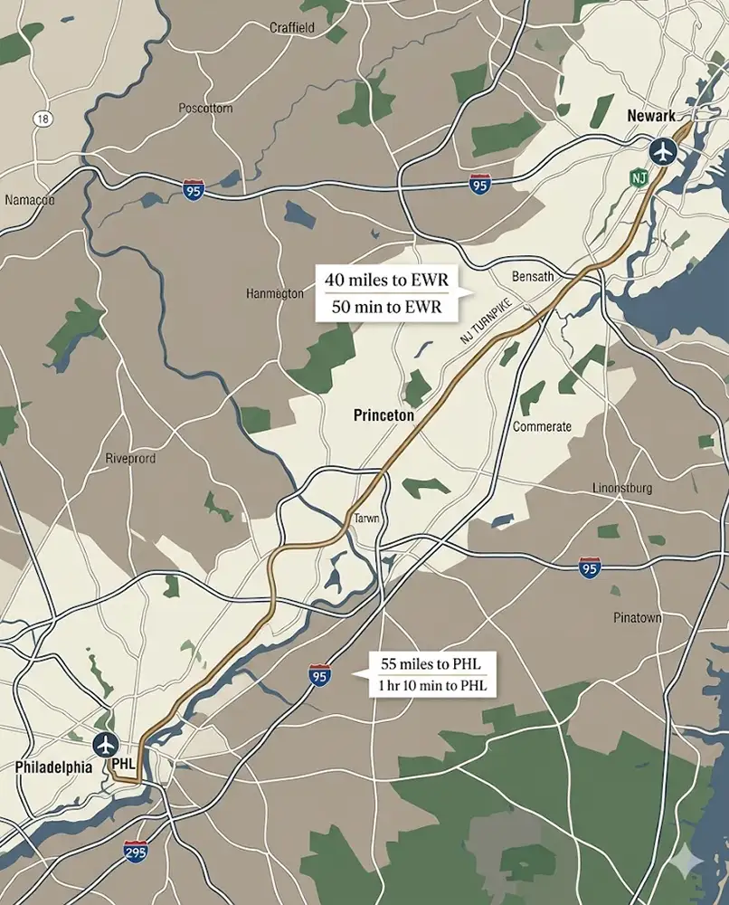 Princeton airport transportation distance comparison to EWR JFK LGA and PHL