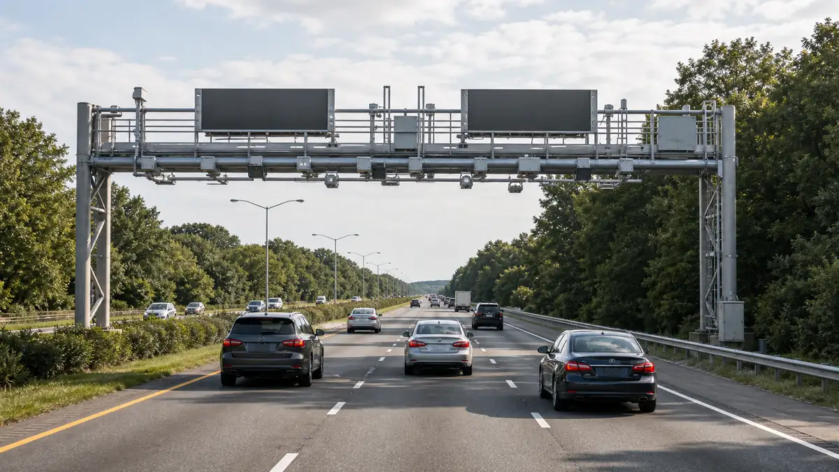Garden State Parkway E-ZPass toll lanes with overhead gantry signage