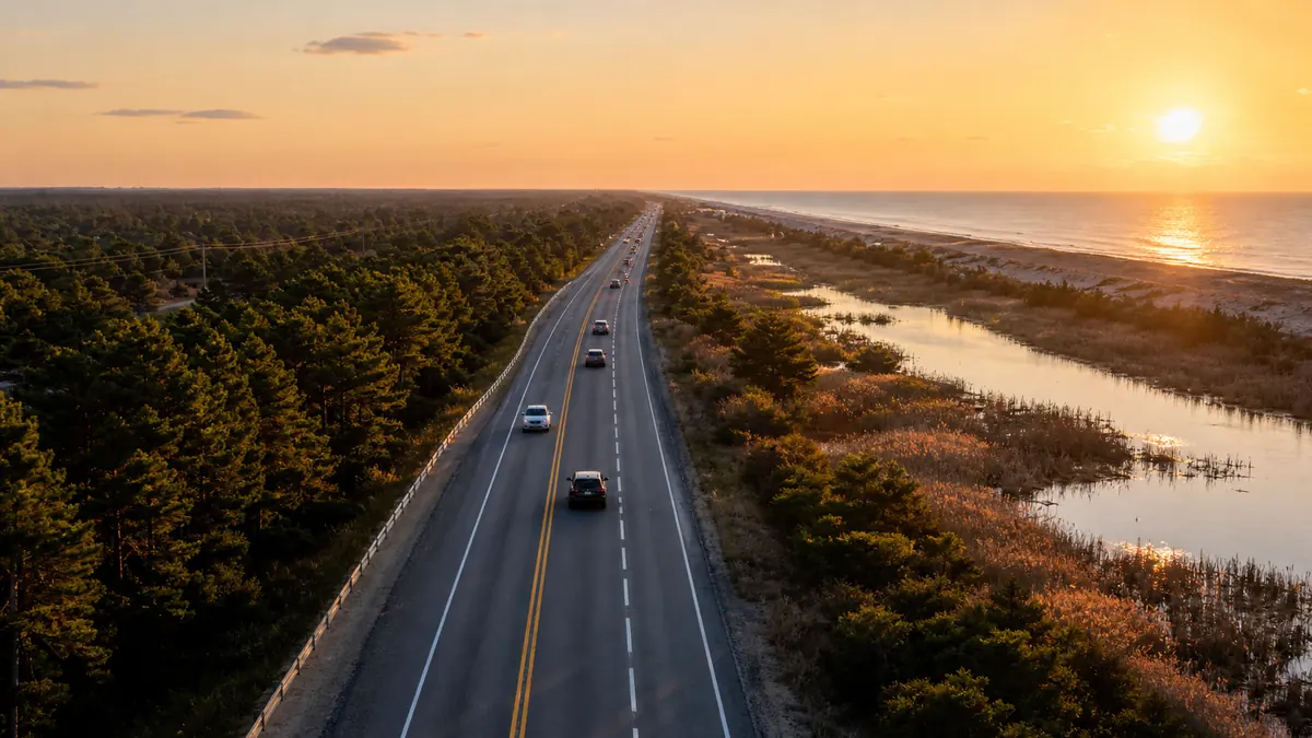 The drive south to the Cape May Music Festival 2026: a long coastal highway heading south at golden hour with light traffic