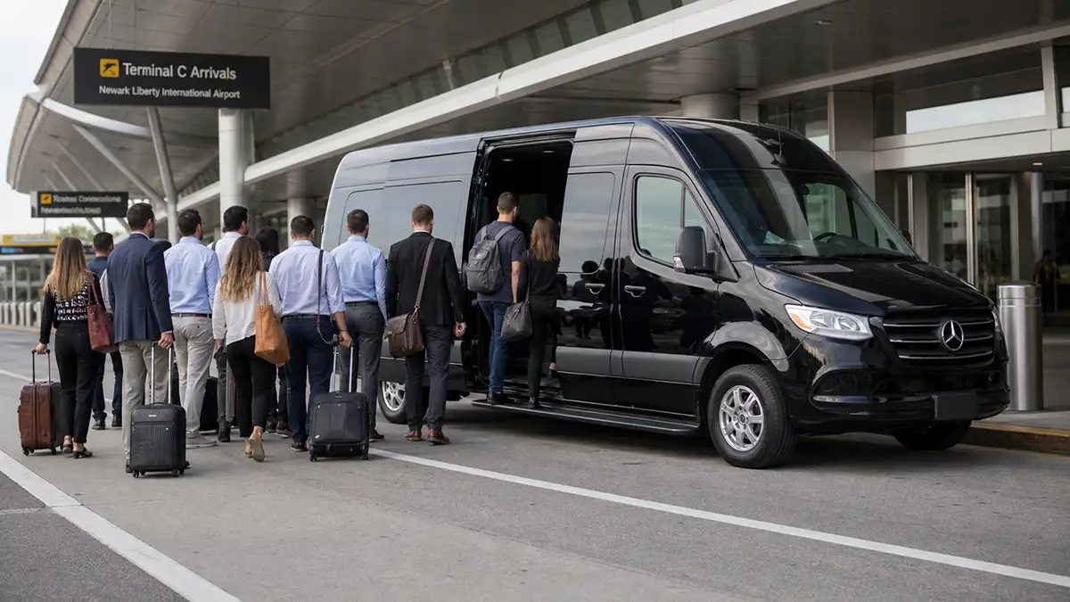 Group airport transfer tips: Mercedes Sprinter van handling a 12-person team pickup at Newark Liberty arrivals