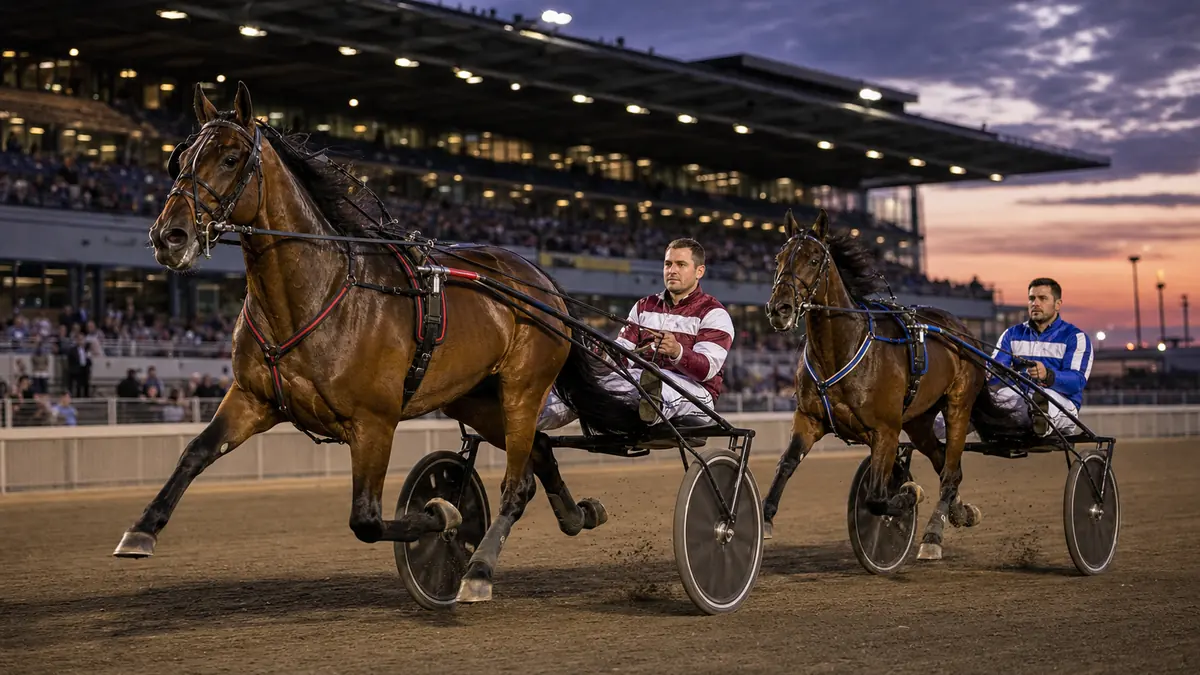 Hambletonian 2026 at the Meadowlands Racetrack with standardbred horses in harness racing on a clean dirt track at twilight