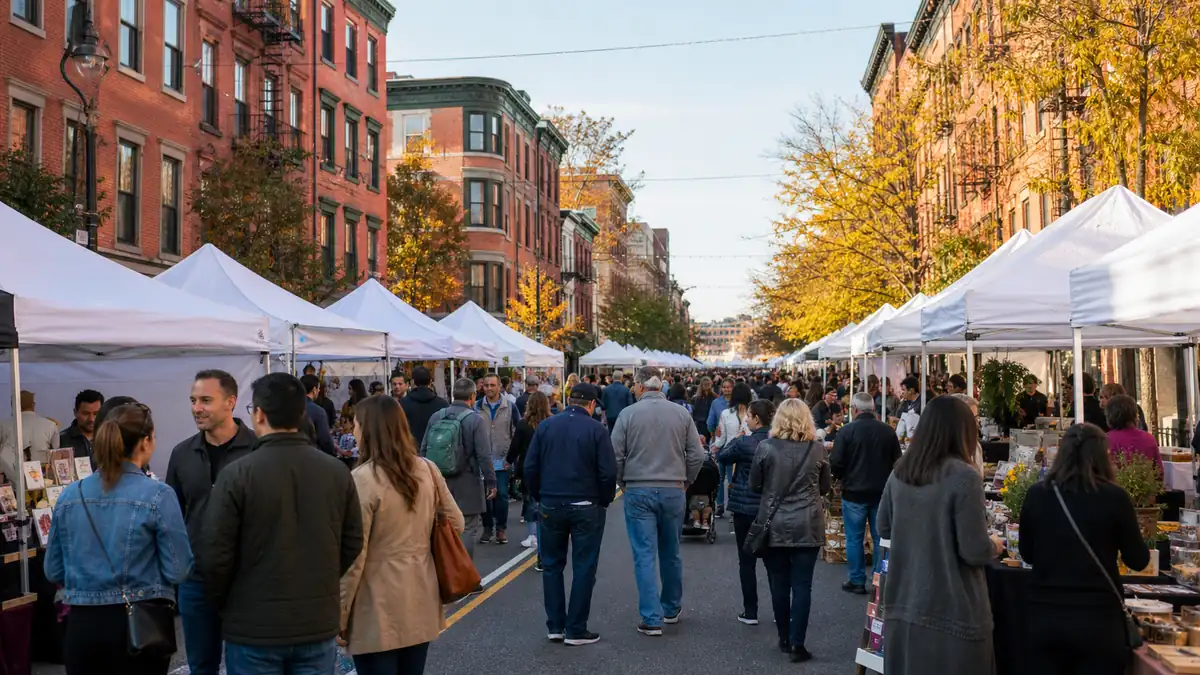 Hoboken Arts & Music Festival on a closed Washington Street lined with brownstones and vendor tents