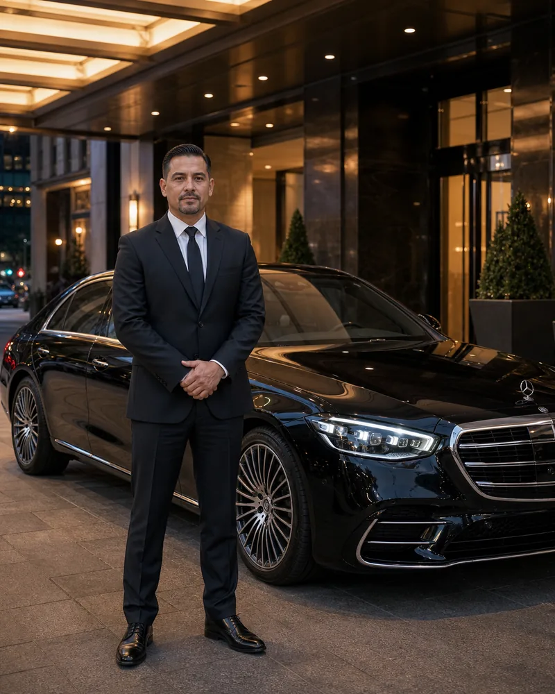 Chauffeur waiting beside a black sedan at an evening hotel porte-cochere for an as-directed hourly assignment