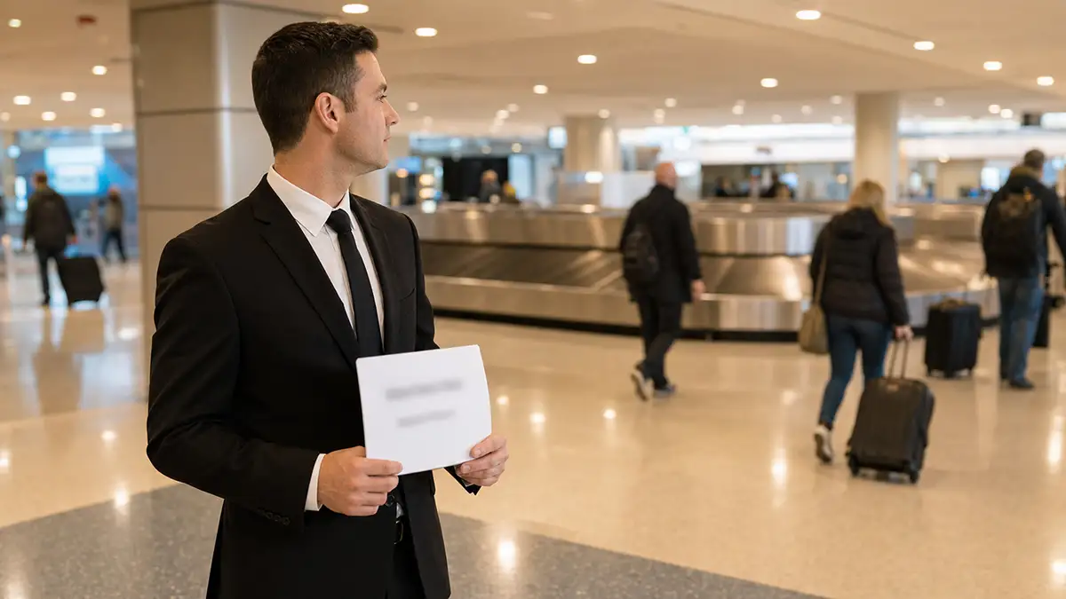 How to book a limo at EWR: chauffeur waiting with a name board inside Newark Airport Terminal B baggage claim