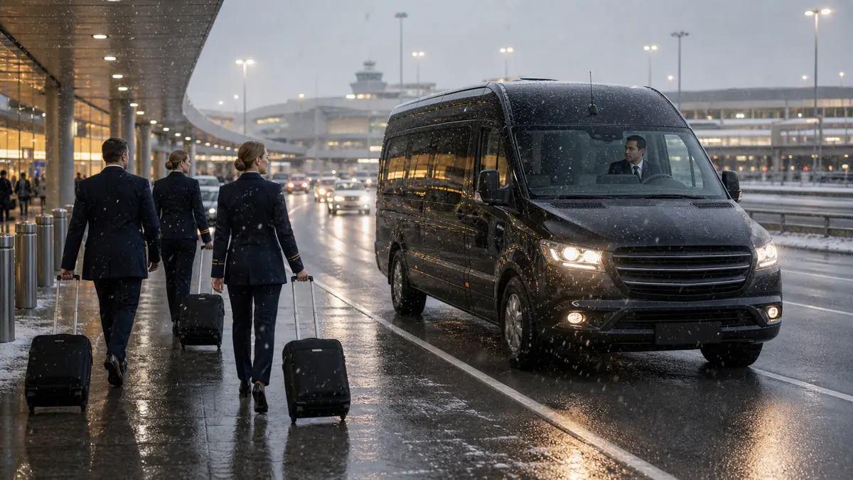Newark Airport during a winter weather event creating irregular operations demand for crew transport vehicles