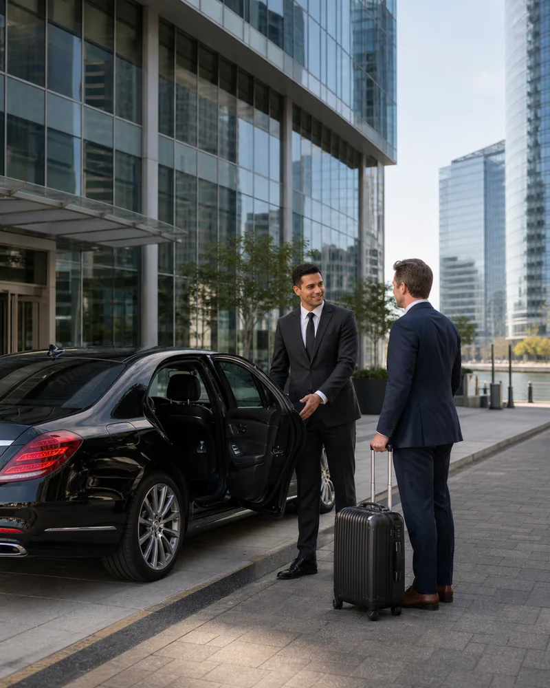 Jersey City car service curbside pickup at an Exchange Place tower before a Newark Airport transfer