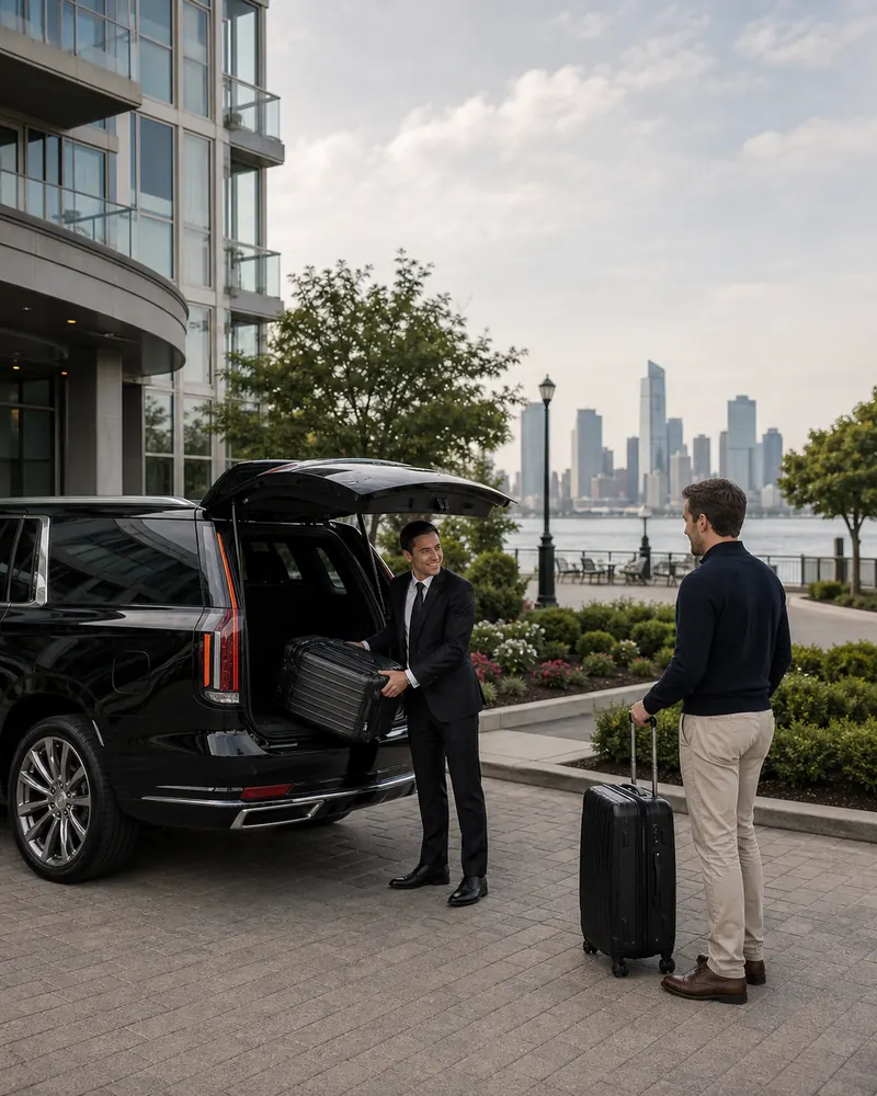 Jersey City car service pickup at a Newport waterfront tower heading toward EWR