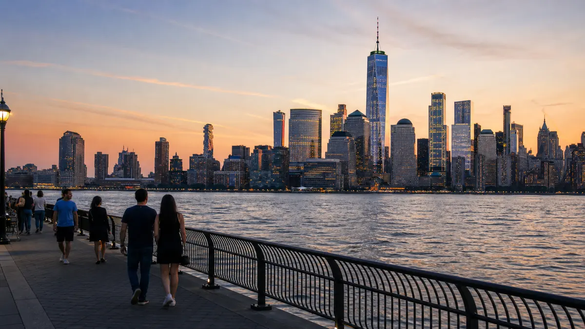 Jersey City waterfront near the Night Market 2026: the Manhattan skyline at dusk seen from a New Jersey waterfront walkway