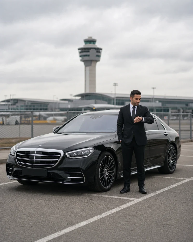 JFK to Newark Airport return transfer sedan staged at the JFK cell phone lot