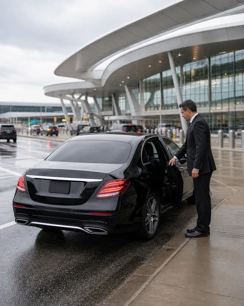 LaGuardia Terminal B curbside pickup zone for an inter-airport car service
