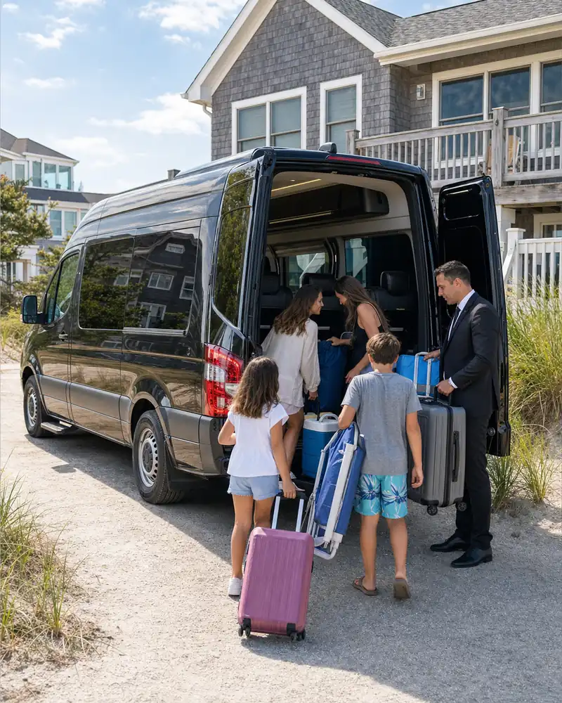 Sprinter van multi-family unload at a Lavallette summer beach rental on the Barnegat Peninsula
