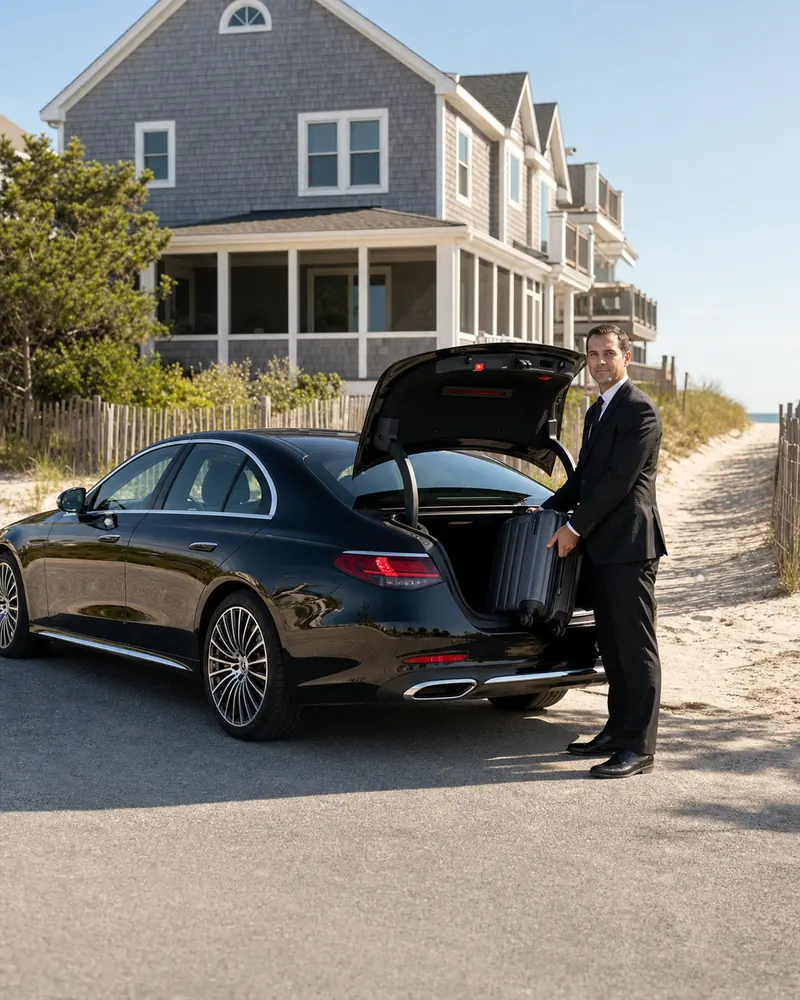 Black sedan dropping luggage at a Beach Haven beach house on Long Beach Island