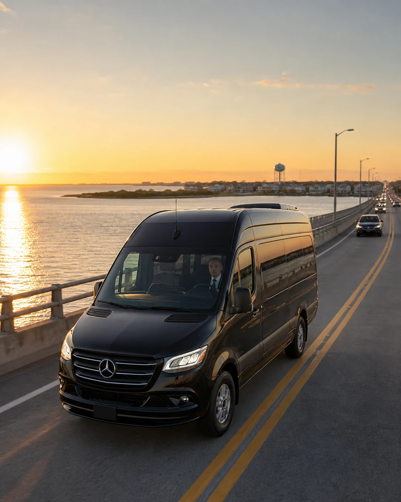 LBI car service from Newark airport: black SUV crossing the Manahawkin Bay Causeway onto Long Beach Island at sunset