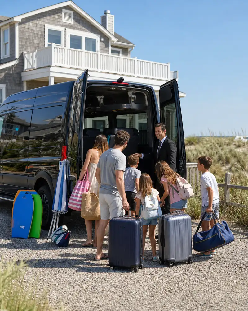 Sprinter van multi-family unload at a Long Beach Island summer rental in Holgate