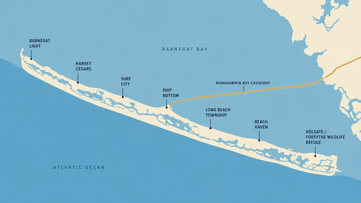 Flat illustration map of the six municipalities of Long Beach Island from Barnegat Lighthouse north to Holgate south