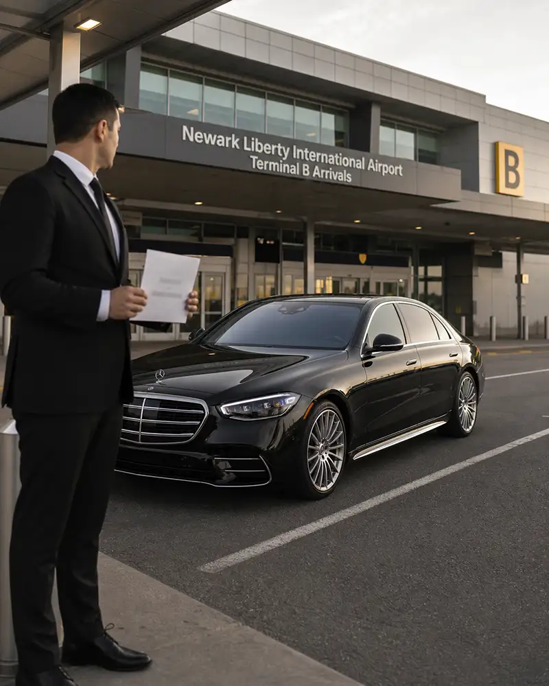 Side by side comparison of a chauffeured Mercedes S-Class private limo and a rideshare Suburban Uber Black at Newark Liberty Terminal B