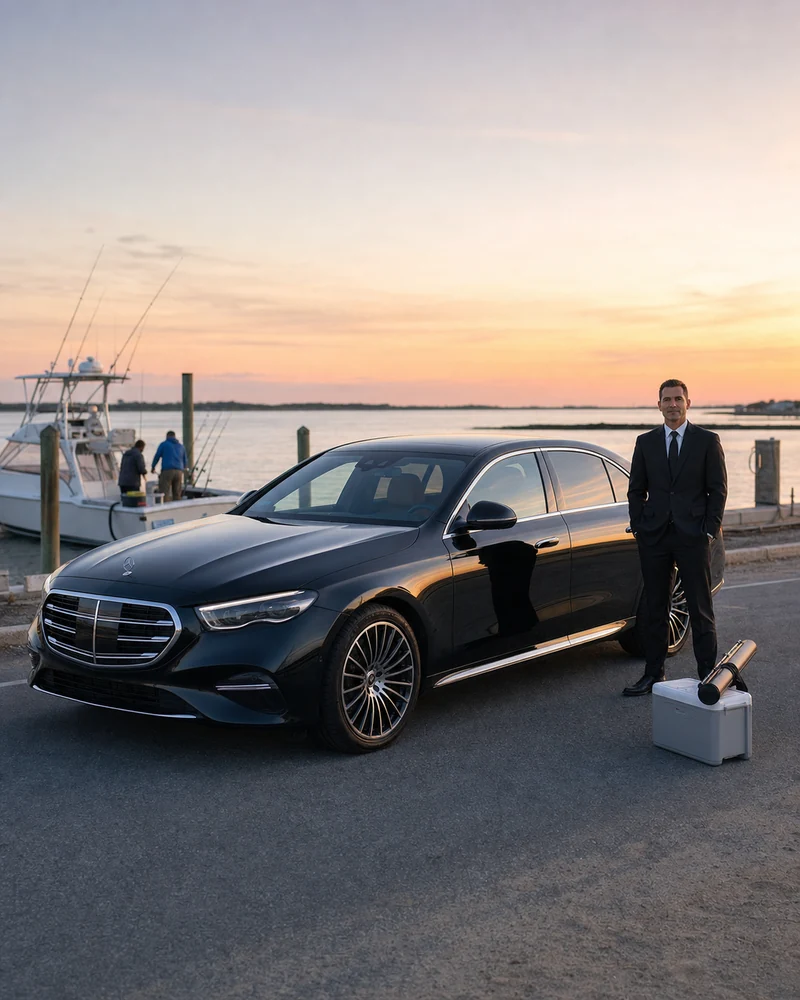 Early-morning Point Pleasant car service drop-off near Manasquan Inlet fishing charters at sunrise