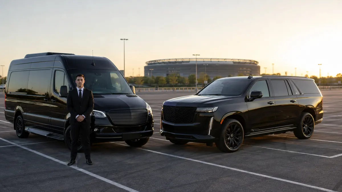 Group transport to the Meadowlands for Hambletonian Day: a black Sprinter van and a black SUV parked in a large stadium-area parking lot at golden hour