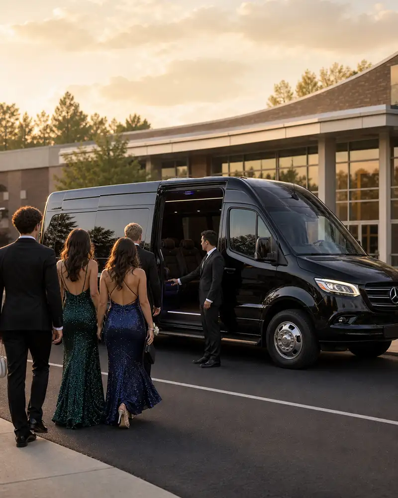 Newark luxury Mercedes Sprinter limo for prom group pickup at high school in Essex County NJ