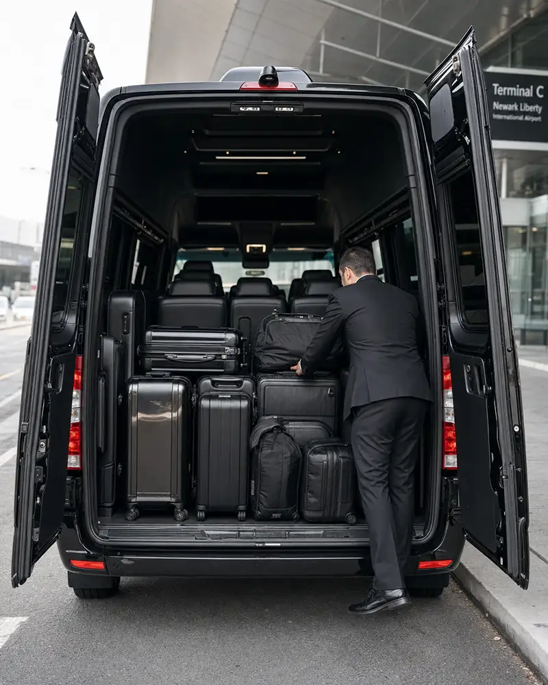 Mercedes Sprinter rear luggage bay loaded for a group airport transfer with checked bags and gear