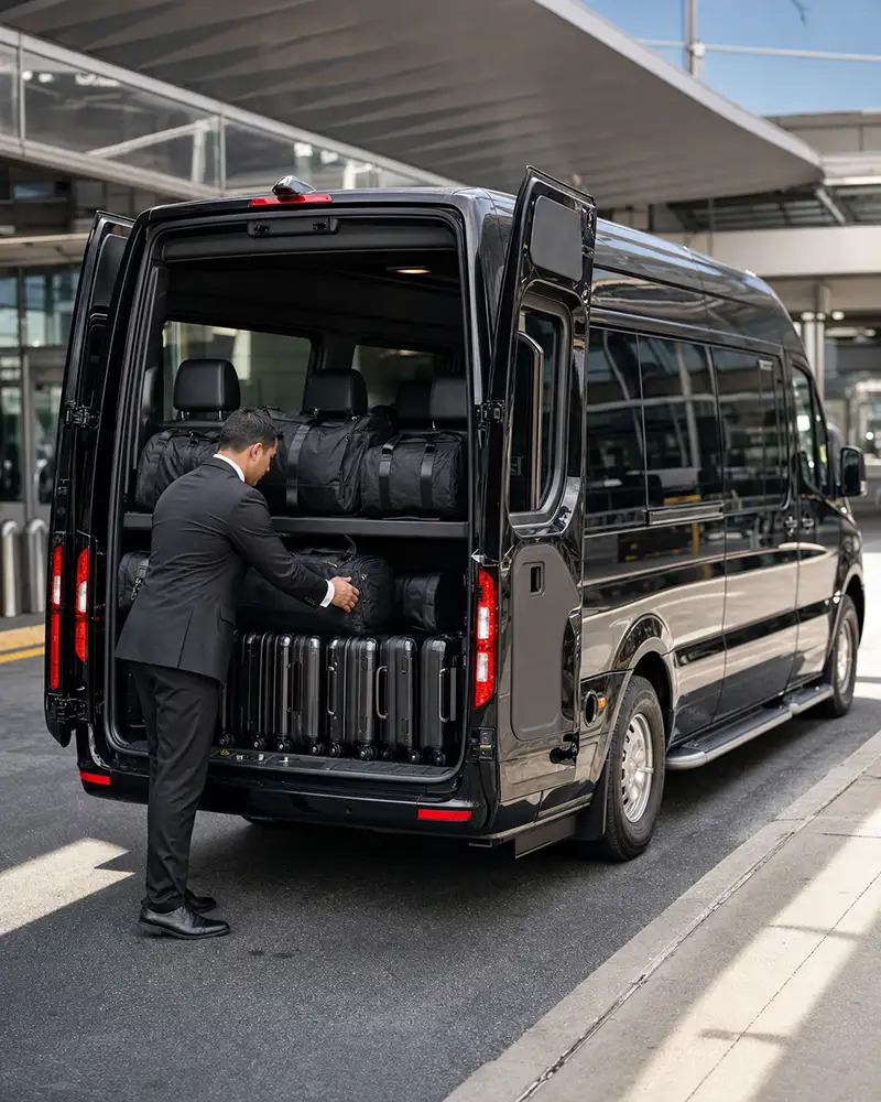 Mercedes-Benz Sprinter van car service at Newark Airport with chauffeur loading group luggage into rear bay
