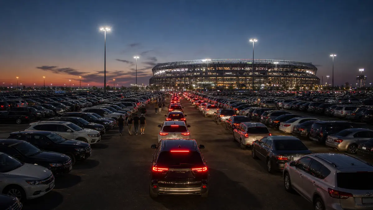 MetLife Stadium concert parking and the post-show exit: rows of parking lots outside a large stadium under floodlights at dusk, cars filing toward the exits