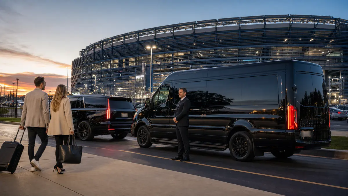 Car service drop-off for MetLife Stadium concerts: a black Sprinter van and a black SUV at a stadium drop-off lane at twilight