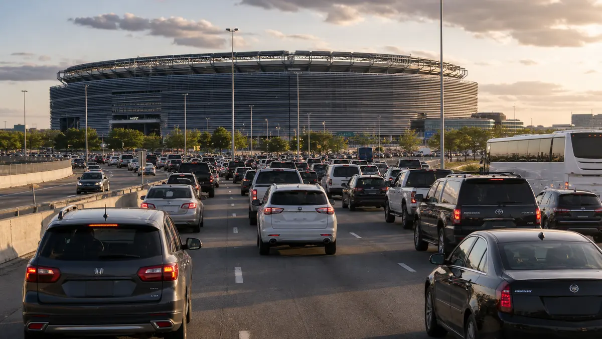 Match-day arrival traffic on the highway approach to MetLife Stadium in East Rutherford New Jersey