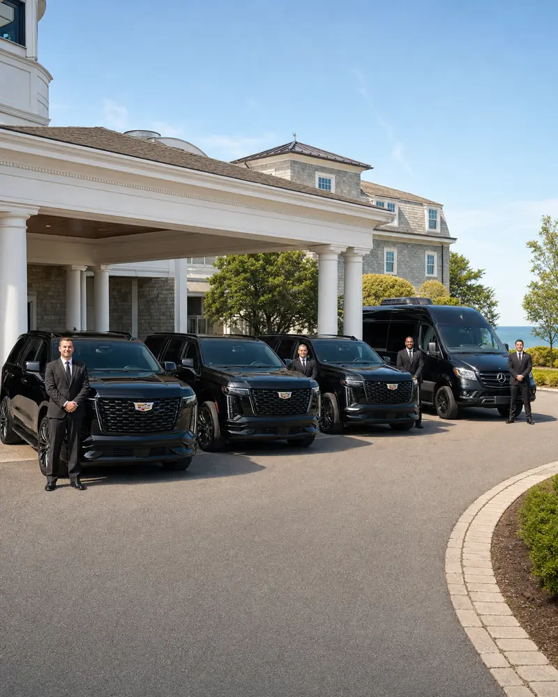Monmouth County car service fleet line-up of black SUVs and Sprinter van at a Monmouth shore corporate retreat venue