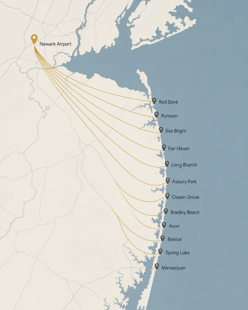 Map of Monmouth County coverage from Newark airport across the shore corridor and inland towns