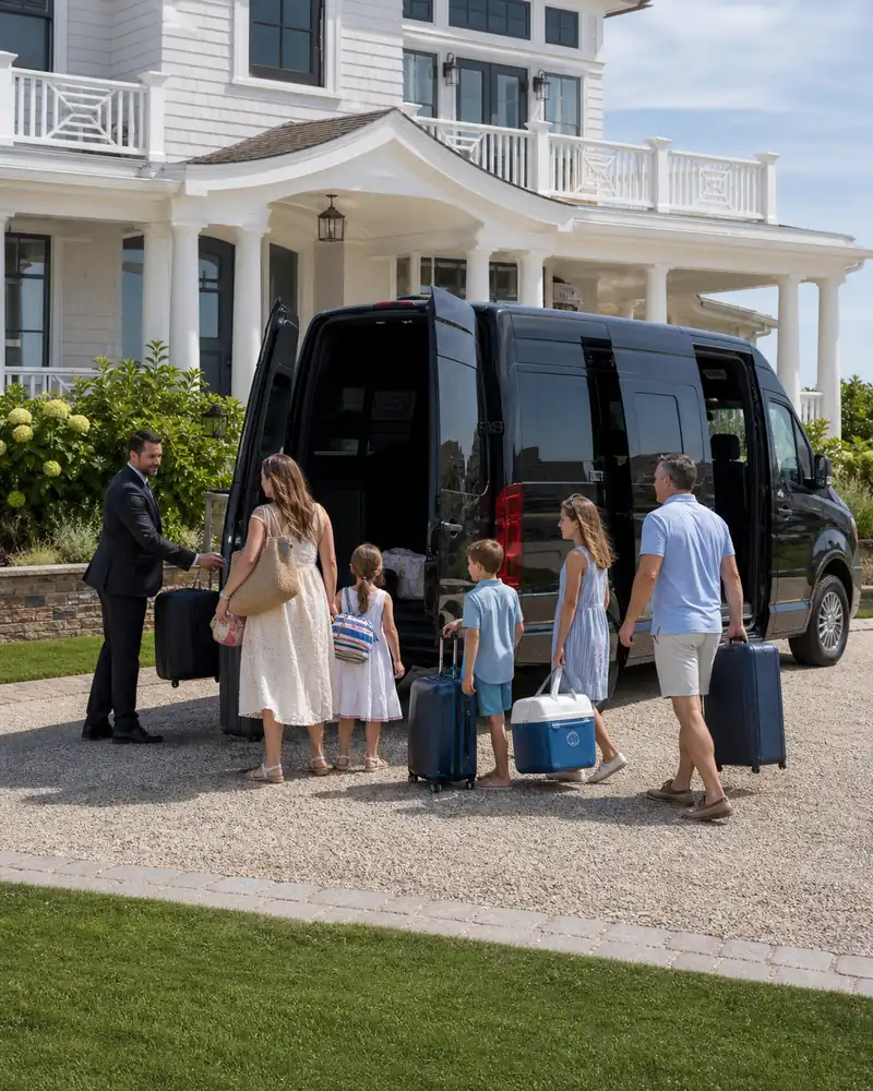 Sprinter van multi-family arrival at a Monmouth County shore beach-house offsite