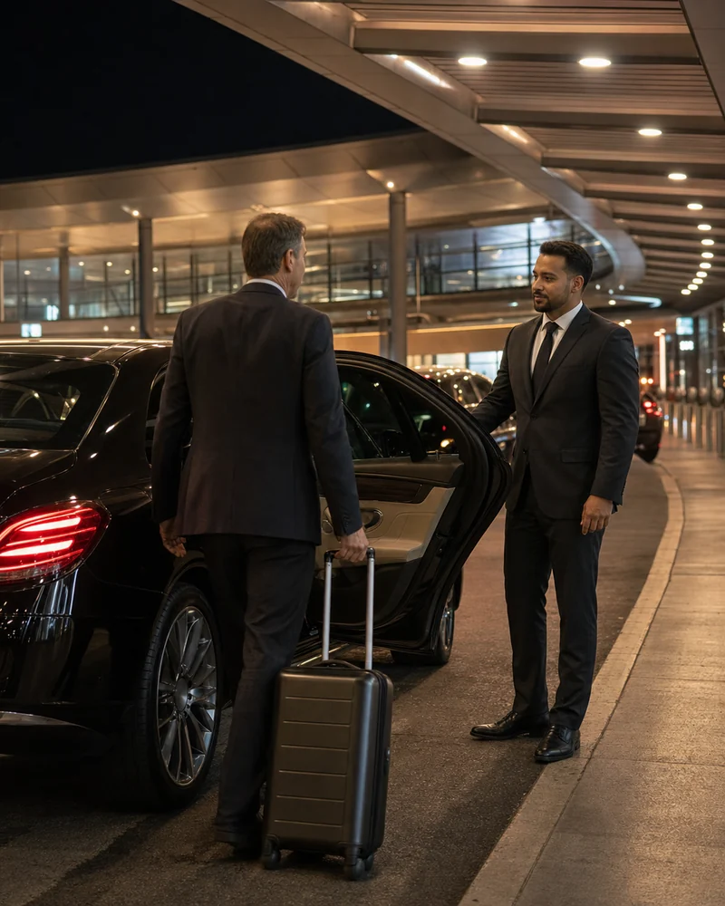 Newark Airport Black Car Service Mercedes S-Class waiting at Terminal C arrivals for an executive pickup